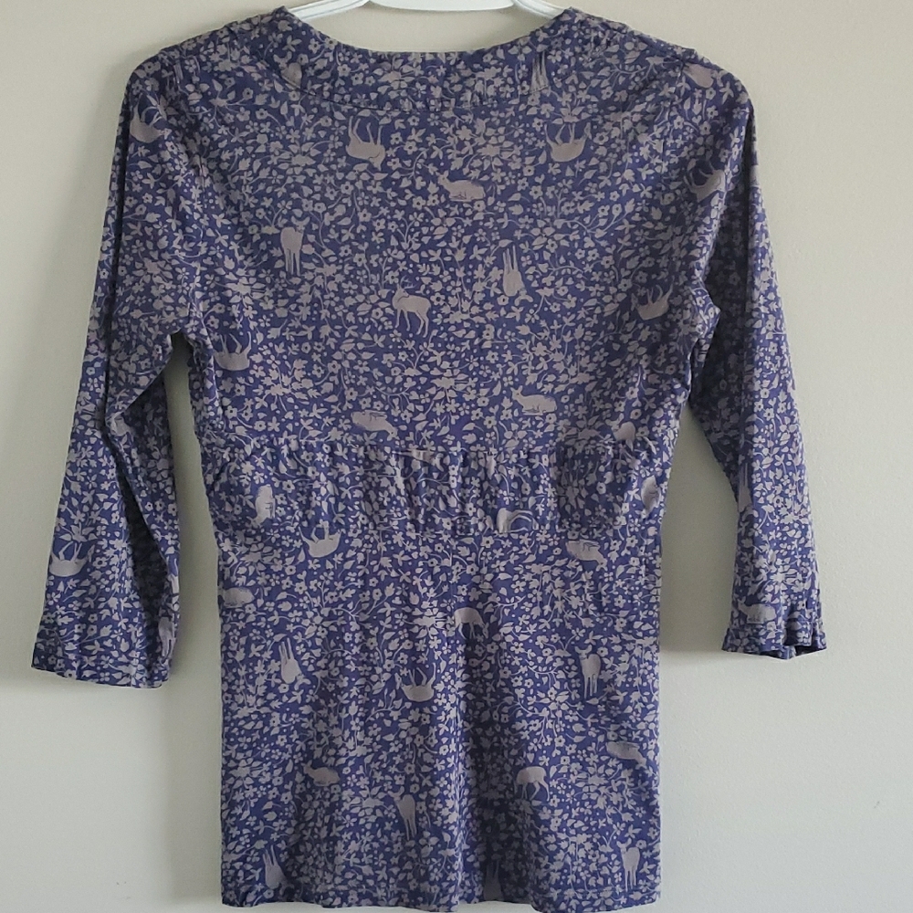 Patagonia Women's Blue Animal Patterned Ruched Organic Cotton Top Sz S Babydoll - Picture 6 of 14